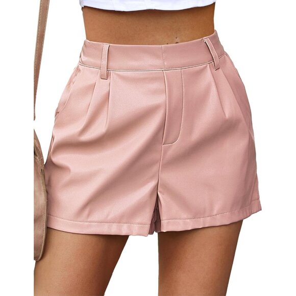 Women's Dusty Pink High Waisted Pleated Wide Leg Stretchy Pu Faux Leather Shorts
